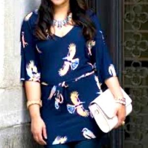 NWOT Anthropologie Deletta bird print graphic Navy belted tunic size S